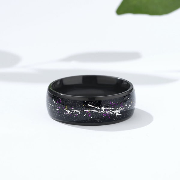 Personalized Black Galaxy Meteorite Ring, 8mm Nebula Ring for Men, Outer Space Ring, Personalized Engraved Black Stainless Steel Ring.