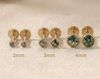 Mini orecchini a perno in titanio di grado implantare con agata muschiata, labret senza filettatura con retro piatto da 2 mm, calibro 16G, per cartilagine.