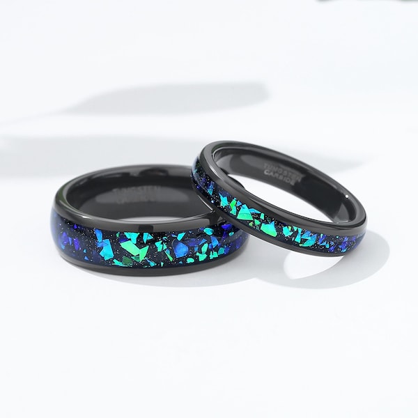 Conjunto de anillos de ópalo galaxia, banda de boda personalizada de 4 mm/ 6 mm para hombres o mujeres, anillo espacial, anillos a juego para parejas, anillo de tungsteno.