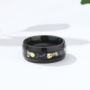 Personalized Gold Leaf Meteorite Ring - Black Wedding Band (8mm)