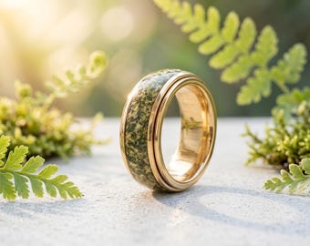 Moosachat Rotierender Ring, Gold Edelstahl Fidget Band für Frauen, Heilender Energiekristall