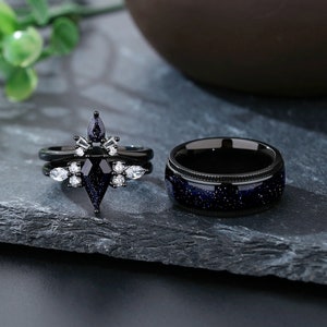 Conjunto de anillos de nebulosa de Orión con corte de cometa, anillos de pareja a juego de 3 piezas, alianza de boda para él y para ella, anillo relleno de oro negro, anillo del espacio exterior. imagen 4