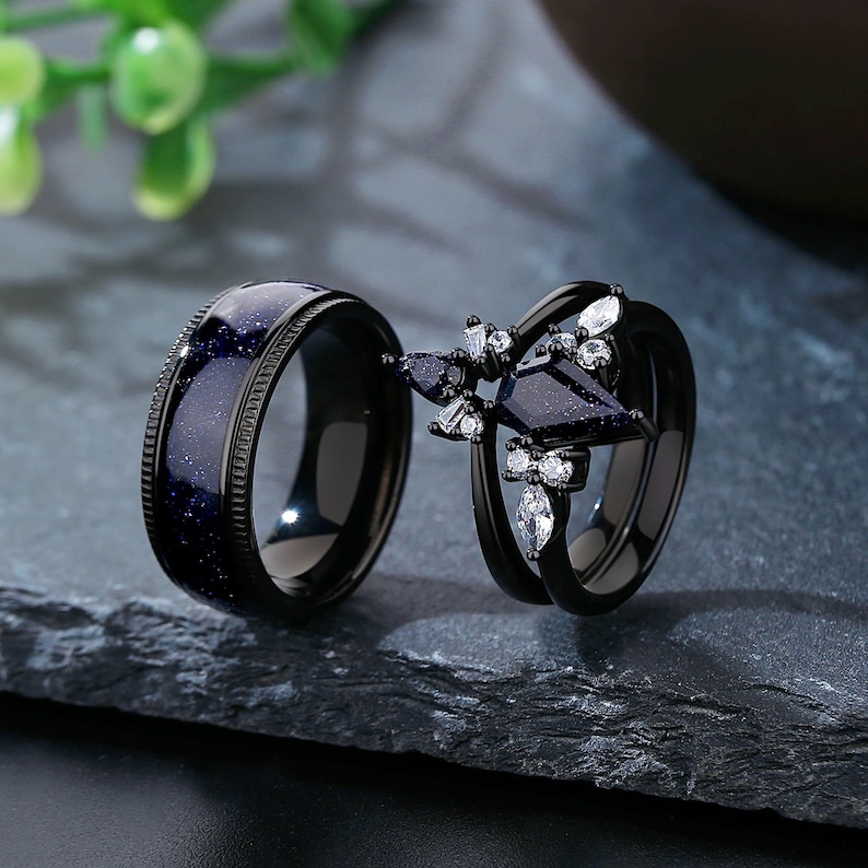 Conjunto de anillos de nebulosa de Orión con corte de cometa, anillos de pareja a juego de 3 piezas, alianza de boda para él y para ella, anillo relleno de oro negro, anillo del espacio exterior. imagen 2