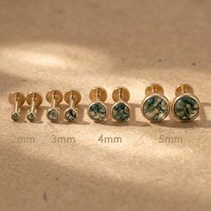 Implant Grade Titanium Moss Agate Mini Stud Earrings, 2mm Flat Back Threadless Labret 16G Cartilage Studs