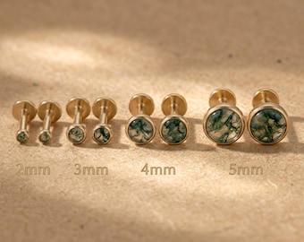 Implant Grade Titanium Moss Agate Mini Stud Earrings, 2mm Flat Back Threadless Labret 16G Cartilage Studs