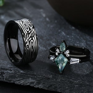 Vintage Moss Agate Titanium Ring Set: Eternal Love Couple Rings