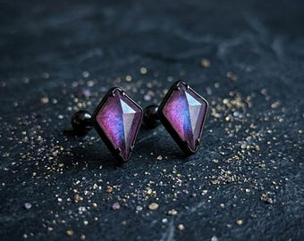 Magenta Pink Galaxy Stud Earrings, Pure Titanium Steel Black Goth Earrings