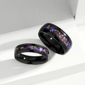 Custom Nebula Ring,Matching Ring Set His and Hers,8mm& 6mm Wedding Ring,Titanium Outer Space Ring,Comfort Fit, Black,Dome,Polish.