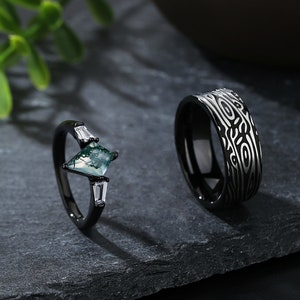 Vintage Moss Agate Couple Rings: Seamless Pattern Matching Set