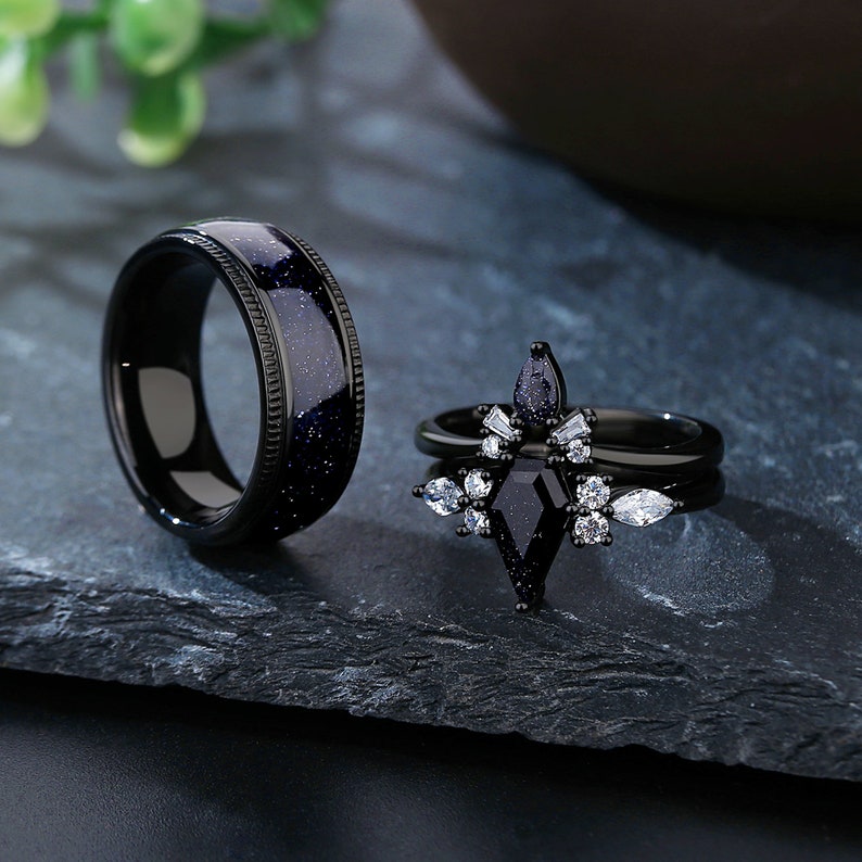 Conjunto de anillos de nebulosa de Orión con corte de cometa, anillos de pareja a juego de 3 piezas, alianza de boda para él y para ella, anillo relleno de oro negro, anillo del espacio exterior. imagen 3