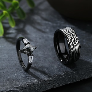 Black Rutilated Quartz Engagement Rings Set: Vintage Men&#39;s Ring