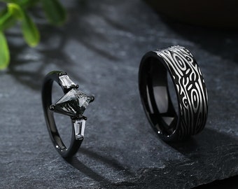 Anillos de compromiso negros para parejas, anillo de amor eterno de cuarzo rutilado negro, anillos con patrones sin costuras, 2 anillos, no incluye anillos apilables.