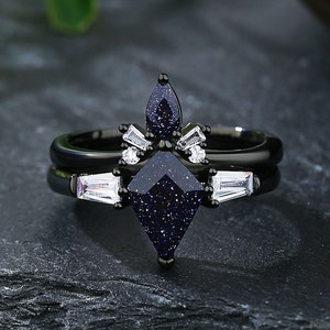 Vintage Titanium Engagement Ring Set: Kite Cut Blue Sandstone