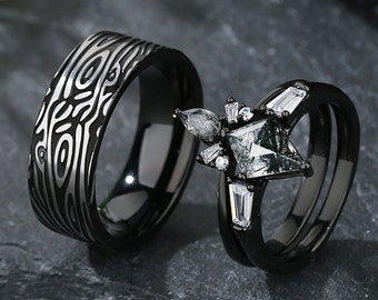 Ensemble de bagues de fiançailles noires pour couple, bague amour éternel assortie quartz rutile noir, alliance pour elle et lui, bagues à motifs transparents