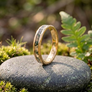 Puede incluir: Un anillo de oro con una banda facetada y un centro transparente lleno de musgo verde. El anillo está sobre una piedra gris, con un fondo verde borroso de plantas y musgo.