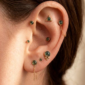 16G 20G 18G Gold Titanium Dainty Earrings Set, Ear Stack Threadless Push Pin Flat Back, Natural Moss Agate,Helix Conch Cartilage Piercing