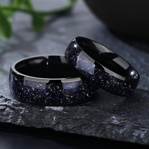 Galaxy Ring Set, Black Nebula Wedding Band With Citrine