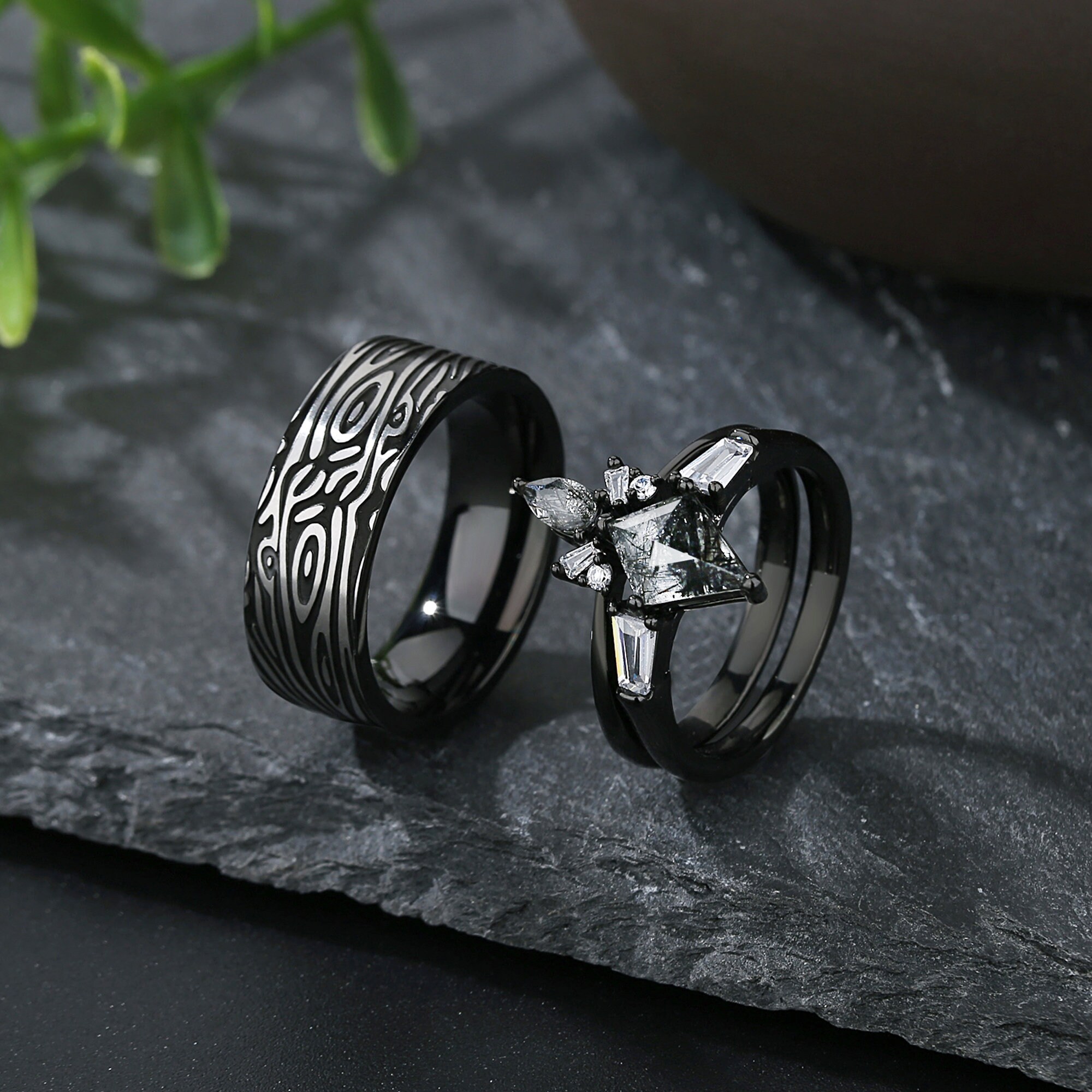 LOVERSRING Couple Ring Set - Women's 18k Black Gold Plated CZ & Men's Titanium Band, Wedding Bridal Set