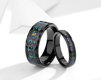 Tungsten Couples Ring, Meteorite & Galaxy Opal Matching ring for Couples, Comfort Fit 8mm | 4mm Wedding Band, Free Engraved Ring.