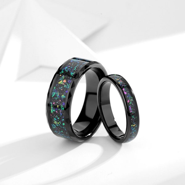 Tungsten Couples Ring, Meteorite & Galaxy Opal Matching ring for Couples, Comfort Fit 8mm | 4mm Wedding Band, Free Engraved Ring.