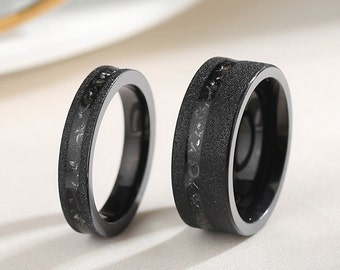 Black Meteorite Sandblasted Couples Ring, 2 Pc Wedding Rings Set, Matching Promise Anniversary Rings, Black Ring.