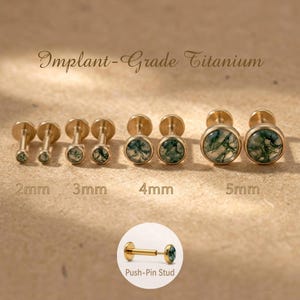 Titanium Moss Agate Stud Earrings, 16G 18G 20G Threadless Flat Back Studs, Everyday Green Gemstone Earrings for Sensitive Ears