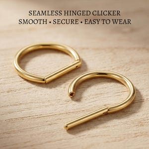 Peut inclure: Deux anneaux de type clicker articulés sans couture de couleur dorée. Un anneau est fermé et l'autre est ouvert, révélant le mécanisme de charnière. Le texte indique : SEAMLESS HINGED CLICKER, SMOOTH • SECURE • EASY TO WEAR. Bijoux corporels circulaires.