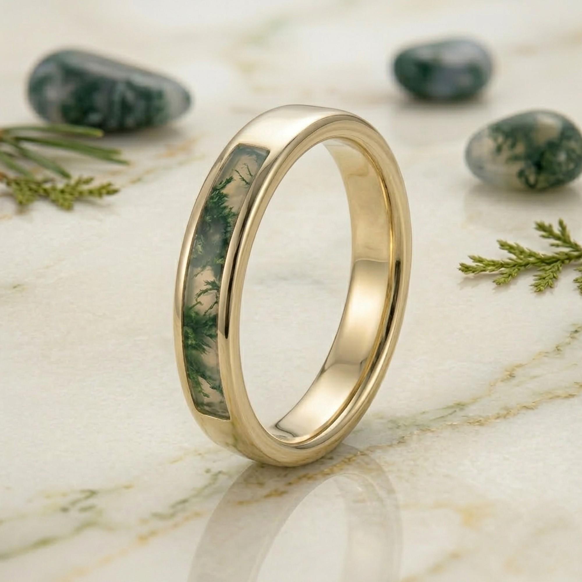 Titanium Ring With Moss Agate Inlay, 4mm Gold Titanium Wedding Band - Etsy