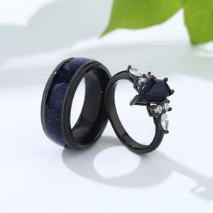 Conjunto de anillos de nebulosa de Orión con corte de cometa, anillos de pareja a juego, alianza de boda para él y para ella, anillo relleno de oro negro, anillo del espacio exterior. imagen 3