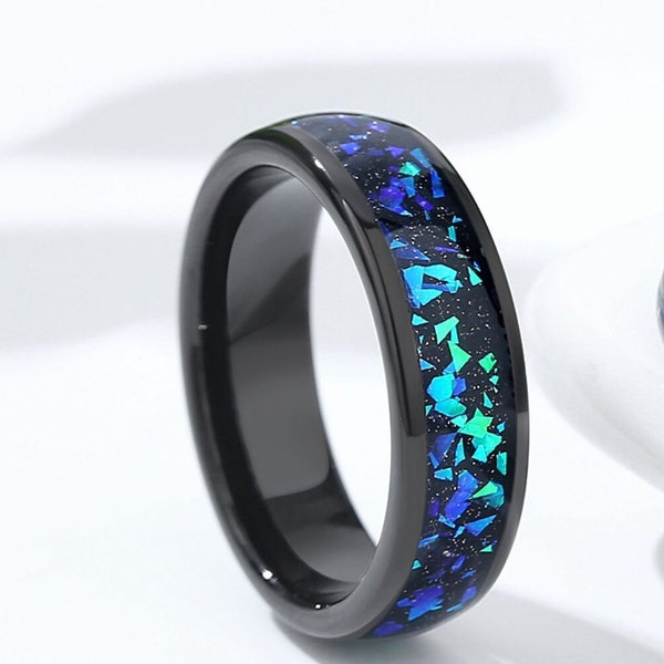 Galaxy Opal Ring for Men, 6mm Custom Wedding Band for Men or Women, Space Ring, Matching Rings for Couples, Tungsten Ring.