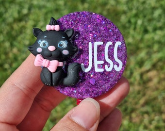 Personalised name badge - Black Cat - Glitter