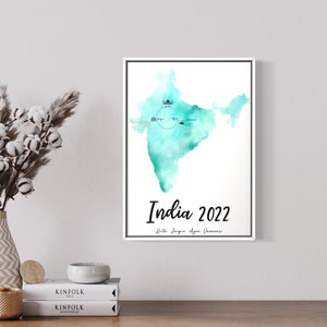 Gepersonaliseerde aquarel reiskaart (India) | Verjaardag | Jubileum | Bruiloft | Kerstmis | Digitale afdruk