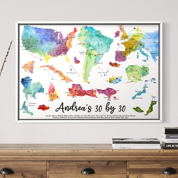 Personalised Watercolour Travel Map (Worldwide) | Birthday | Anniversary | Wedding | Christmas | Digital & Print