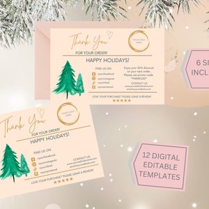 Esthetische gouden kerst dank u visitekaartje sjabloon, Canva, 12 bewerkbare dank u voor bestelling verpakking invoegen, afdrukbare kleine bedrijven