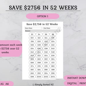 Save 2756 in 52 weeks Challenge Option 1 | Printable, Digital | Savings Tracker | Money Savings Challenge | Savings Planner | PDF | Download