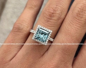 2 Carat Princess Cut Fancy Vivid Blue Halo Engagement Ring Ring / Blue Diamond Halo Ring / Colored Diamond / White Gold CVD Diamond Ring