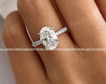 2 Carat Oval Lab Grown Diamond Ring / Hidden Halo Ring / Platinum Oval Ring / 2 CT Oval VS1-F IGI Certified / Pave Oval Engagement Ring