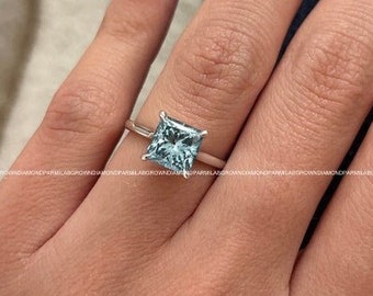 2 Carat Princess Cut Fancy Vivid Blue Lab Grown Diamond Engagement Ring / White Gold Blue Diamond Solitaire Ring / Unique Colored Diamond