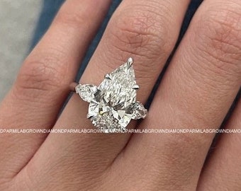 5 Carat Pear Shape Lab Grown Diamond Three Stone Engagement Ring / 1.7 Ratio Pear Cut Trilogy Diamond Ring / White Gold Triad Ring / 3 Stone