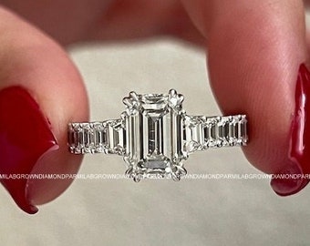 3.5 CTW Art Deco Diamond Engagement Ring / Emerald Cut Lab Grown Diamond Engagement Ring / VVS2-F Diamonds / Platinum Vintage Cathedral Ring
