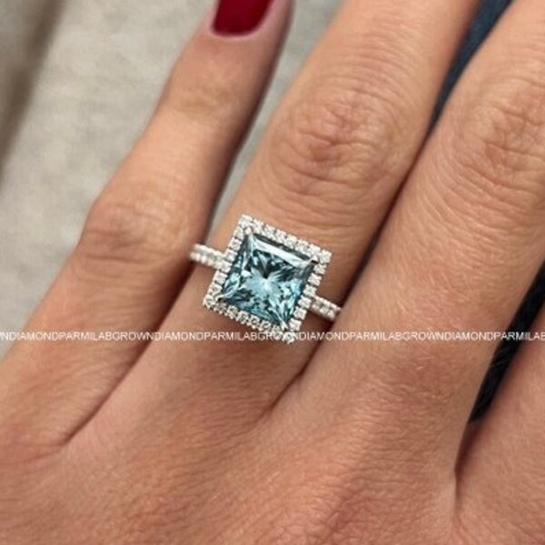 2 Carat Princess Cut Fancy Vivid Blue Halo Engagement Ring Ring / Blue Diamond Halo Ring / Colored Diamond / White Gold CVD Diamond Ring