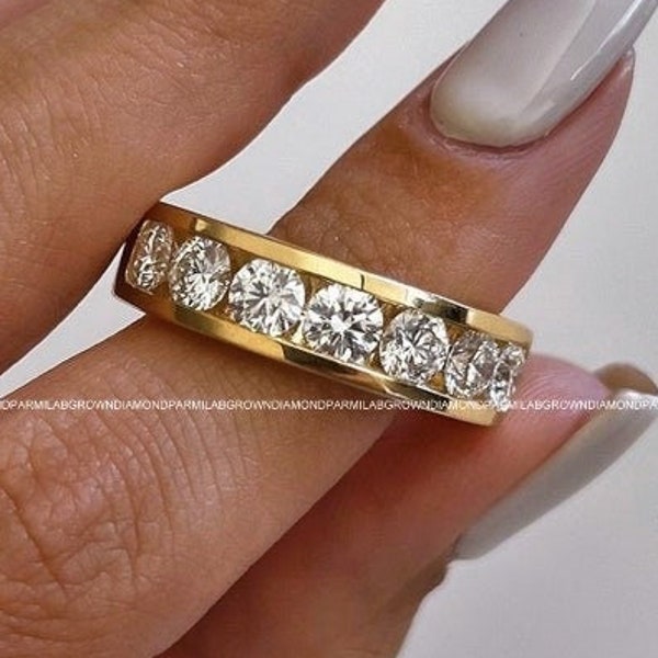 2.1 Carat Lab Grown Diamond Half Eternity Band / Channel Set Diamond Band / Yellow Gold Unique Eternity Ring / CVD Diamonds Wedding Ring