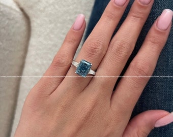 4 Carat Radiant Fancy Vivid Blue Lab Diamond 3 Stone Engagement Ring / Blue Diamond Three Stone Ring / Tapered Baguette and Radiant Diamond