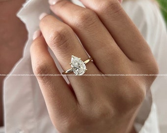 2 Carat Pear Cut Lab Grown Diamond Ring / Pear Shaped Engagement Ring / 2 CT Solitaire Ring / Minimalist Ring / 14K Gold Thin Dainty Ring