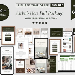 May include: An advertisement for an Airbnb Host Full Package with professional design, featuring various templates for digital devices. The image shows phones, tablets, and laptops. Text includes "400+ Templates", "Limited Time Offer 50% Off", and "All Editable in Canva".