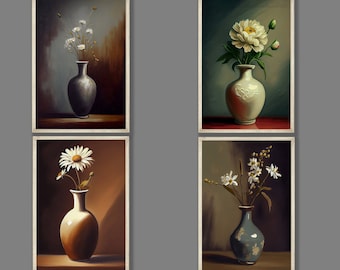 May include: Four framed paintings of floral arrangements in vases. Each painting features a different type of flower and vase, with a brown, green, or blue background.