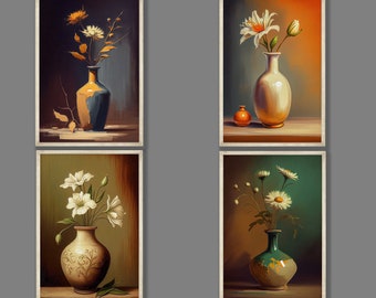 May include: Four framed paintings depicting floral arrangements in vases. Each painting showcases a unique vase and flower variety. The vases are all distinct in colour and style. The flowers are all white and possess a delicate charm.