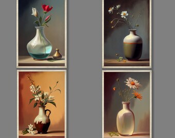 May include: Four paintings of still life flower arrangements in vases. Each painting features a different type of flower and vase. The paintings are framed in a simple, white frame.