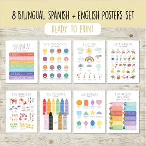 8 Bilingual Spanish Educational Posters Set For Kids and Toddlers, Educational Wall Art, Spanish posters bundle, Home School PRINTABLES