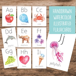 Cartes de l'alphabet, cartes mémoire de l'alphabet, illustrations à l'aquarelle, éducation Montessori, salle de classe et école à la maison, alphabet anglais IMPRIMABLE